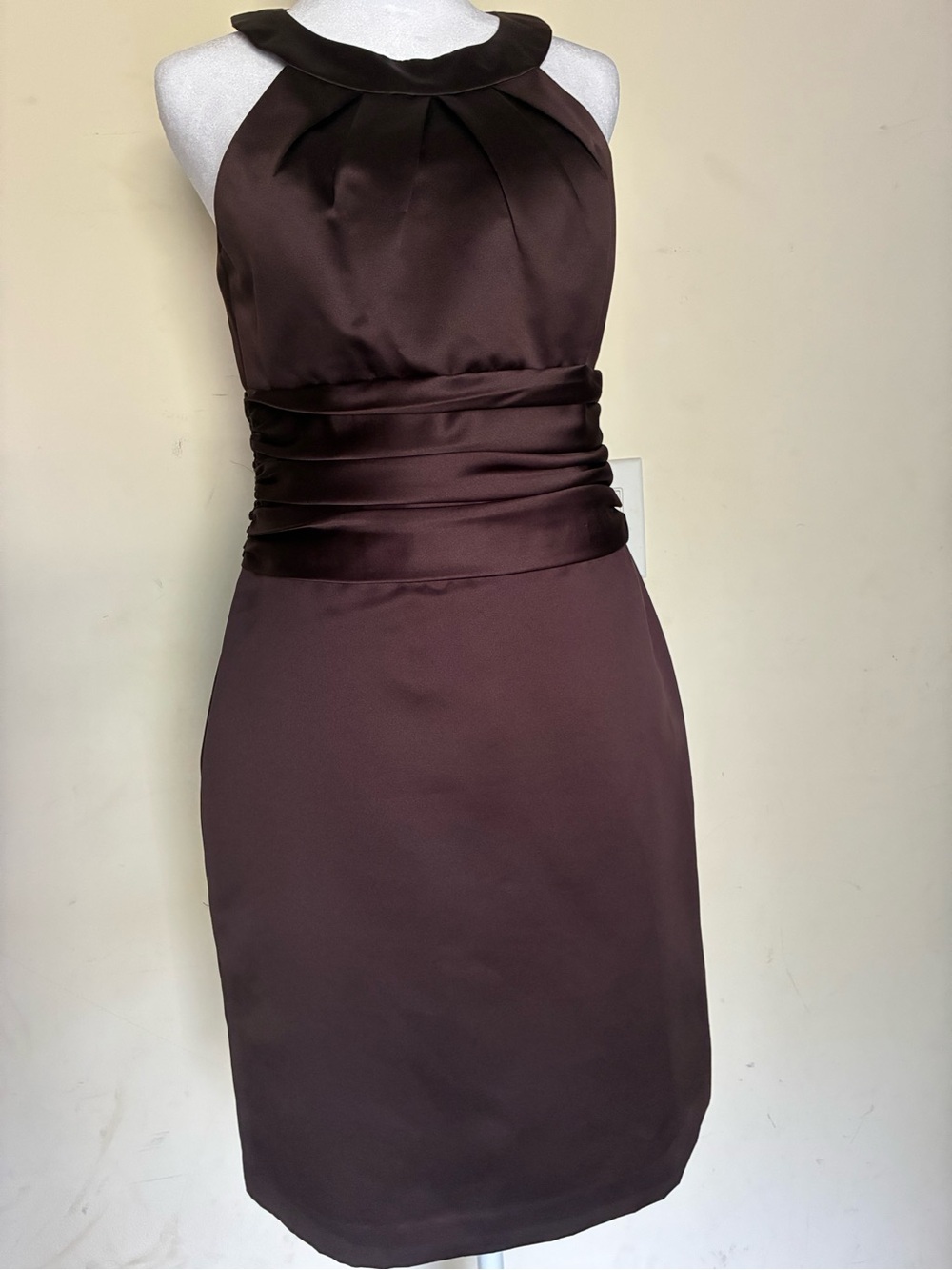 David’s Bridal Chocolate Brown Satin High Neck Rushed Waist Cocktail Dress sz 6